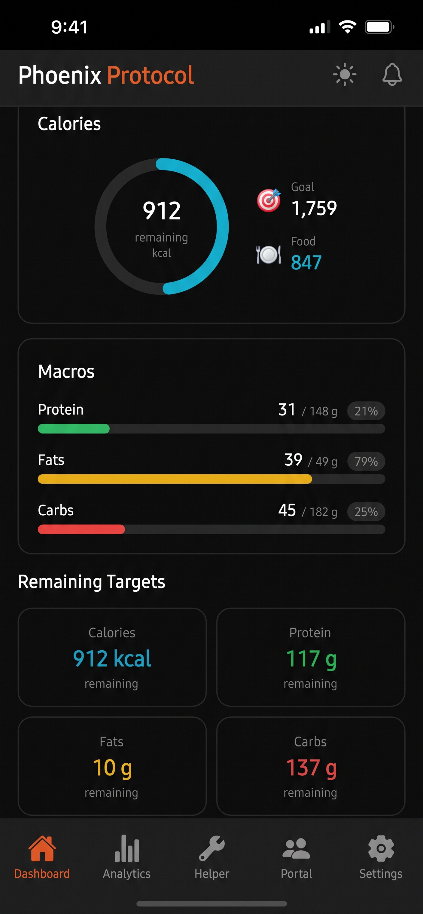 Phoenix Protocol mobile app daily log screen on a smartphone