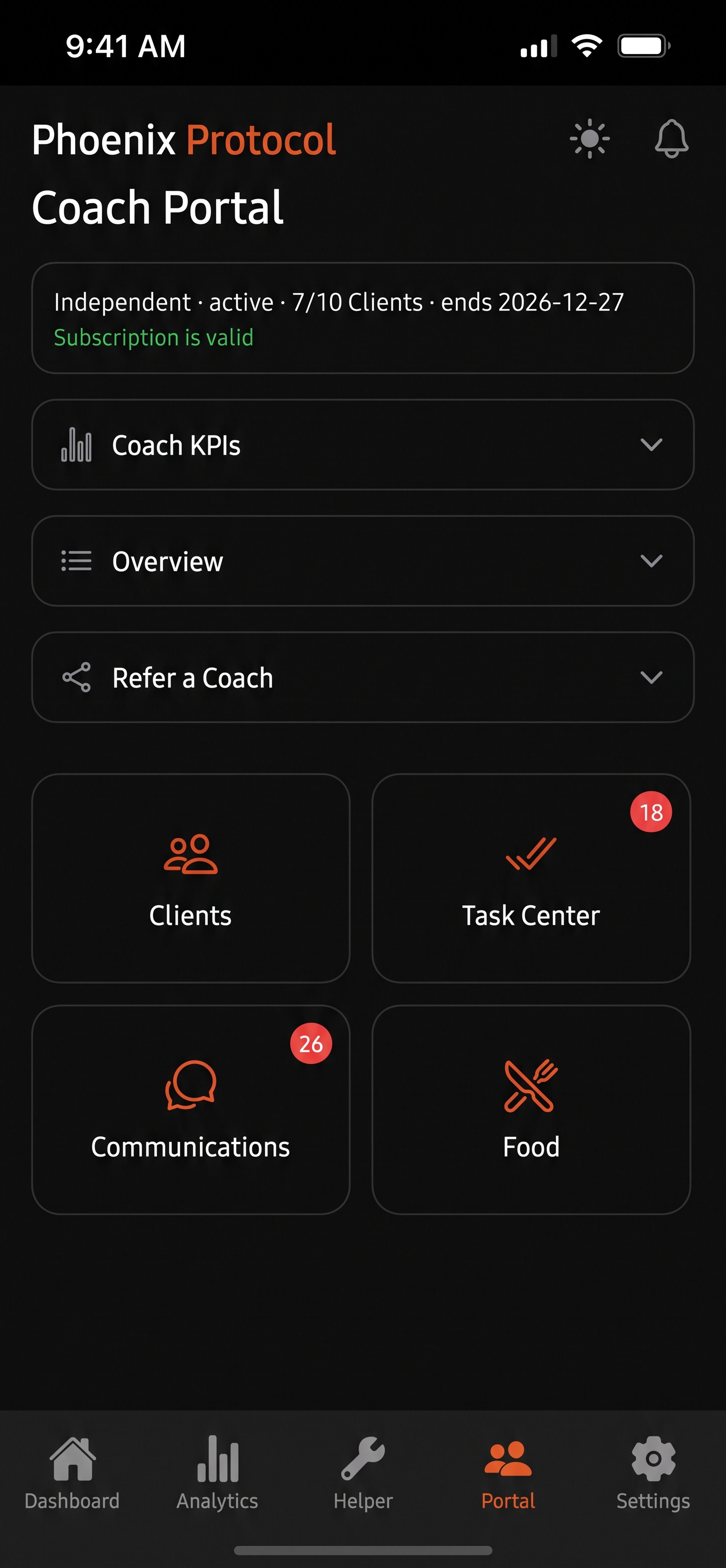 Phoenix Protocol mobile app screen showing communication between a client and their coach