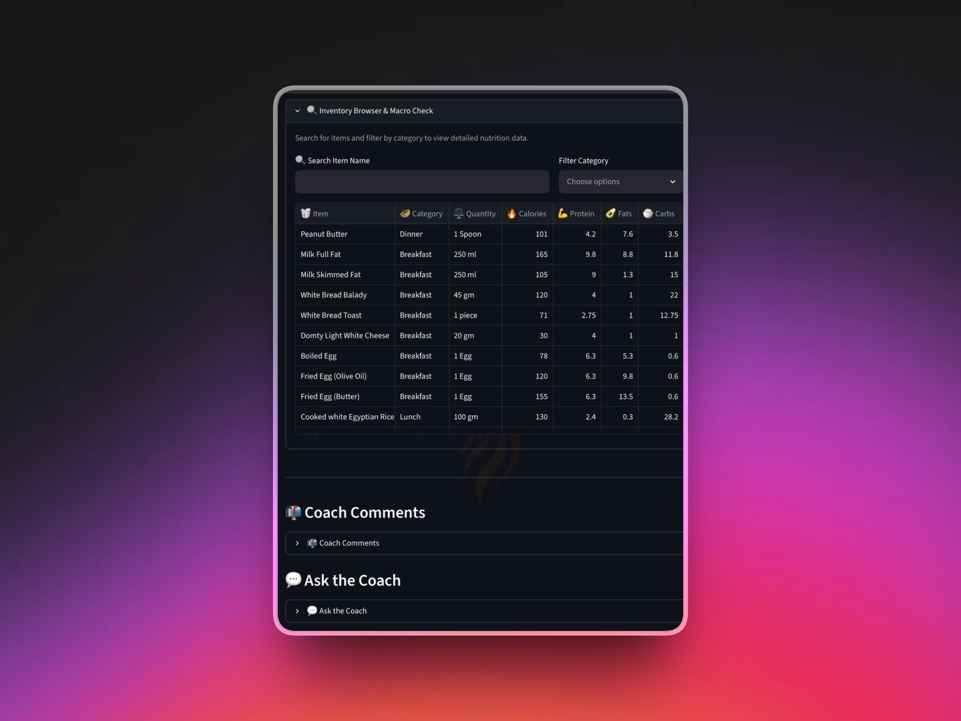 Custom food list builder
