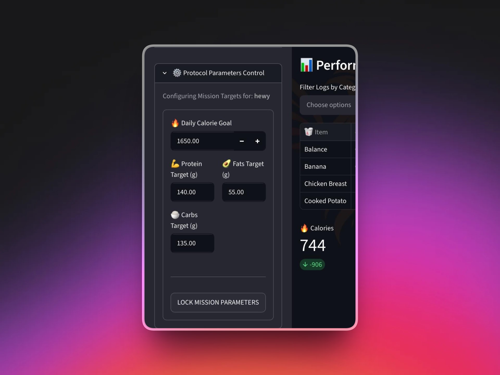 Setting up client food lists and targets